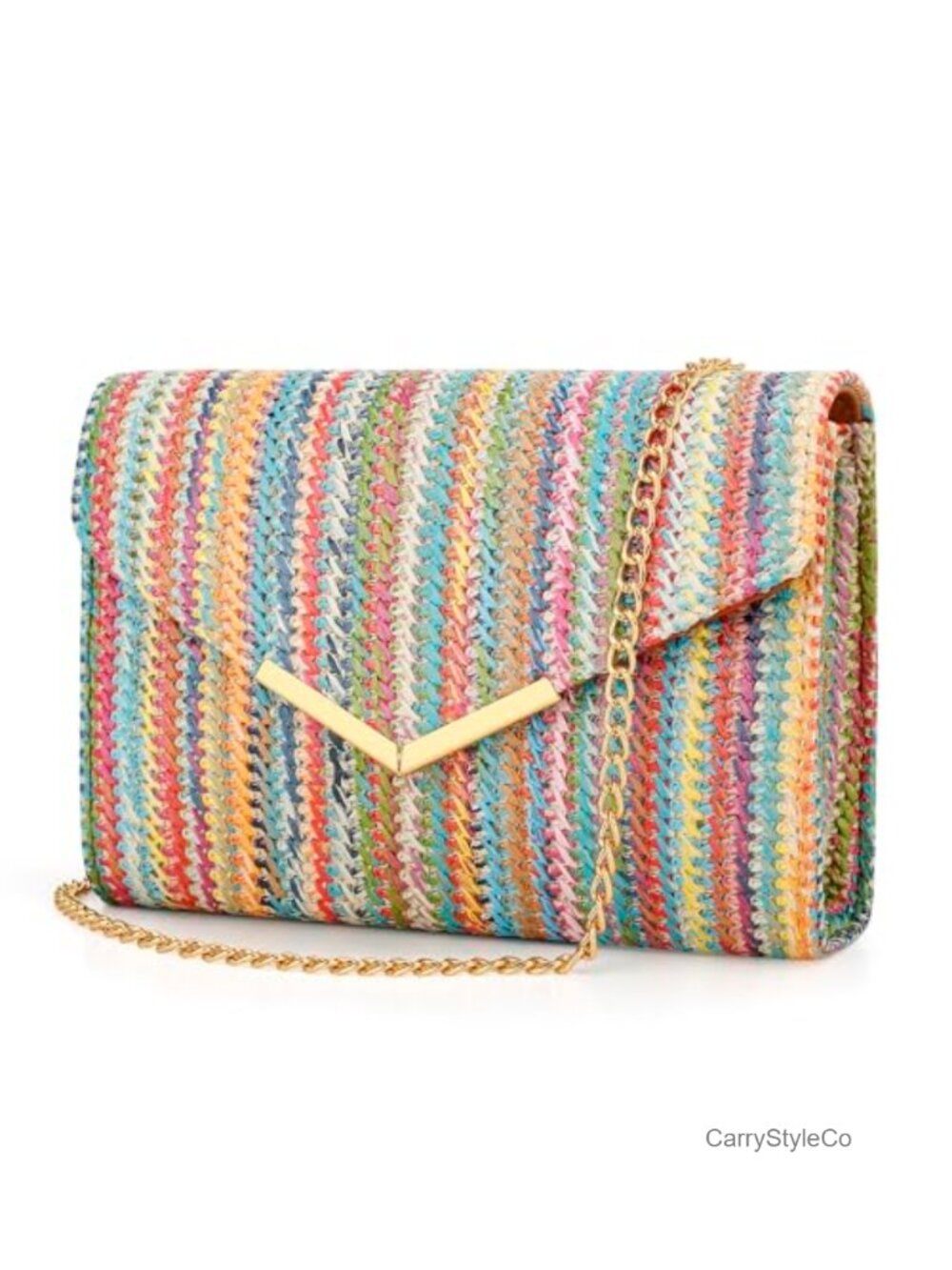 Straw Envelope Clutch with Gold Chain Wristlet Crossbody